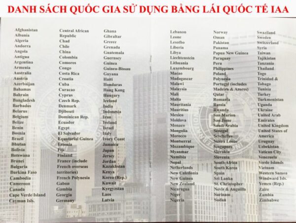 Danh sách nước sử dụng bằng lái IAA Danh sách nước sử dụng bằng lái IAA