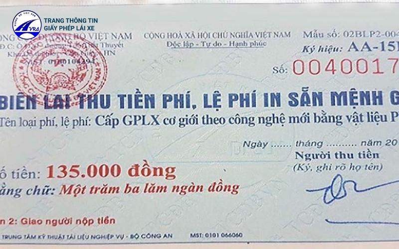 Thi bằng lái xe máy bao nhiêu tiền? 2 Biên lai thu tiền phí cấp GPLX