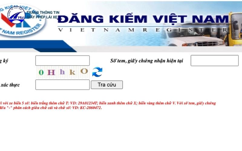 Giao diện trang website của cục đăng kiểm Việt Nam