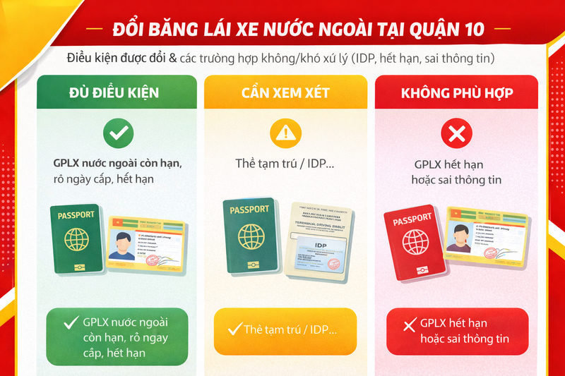 Đổi bằng lái xe nước ngoài tại Quận 10: Hồ sơ 3 Điều kiện được đổi & các trường hợp không/khó xử lý (IDP, hết hạn, sai thông tin)