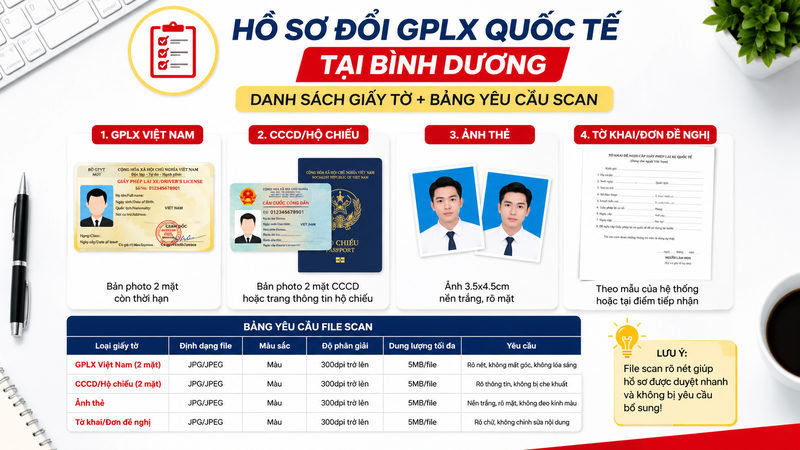 Hồ sơ đổi GPLX quốc tế tại Bình Dương: danh sách giấy tờ + bảng yêu cầu scan