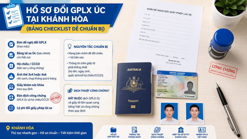Thủ tục đổi bằng lái xe Úc sang Việt Nam tại Khánh Hòa 5 Hồ sơ đổi GPLX Úc tại Khánh Hòa (bảng checklist dễ chuẩn bị)