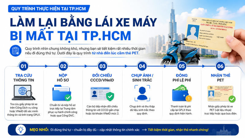 Làm lại bằng lái xe máy bị mất tại TPHCM: Thủ tục 5 Quy trình thực hiện tại TP.HCM: tra cứu dữ liệu → nộp hồ sơ → chụp ảnh/sinh trắc → nhận thẻ PET